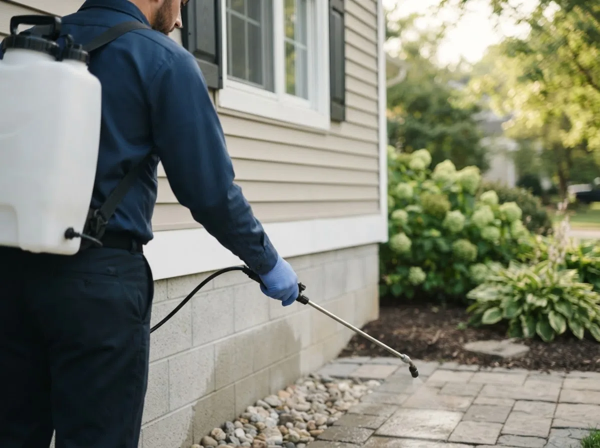 Pest control technician inspecting a home in Ironton, OH